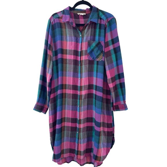 Beachlunchlounge Womens Long Plaid Button-Down Shirt Dress L/G Multicolor Rayon - Picture 1 of 11